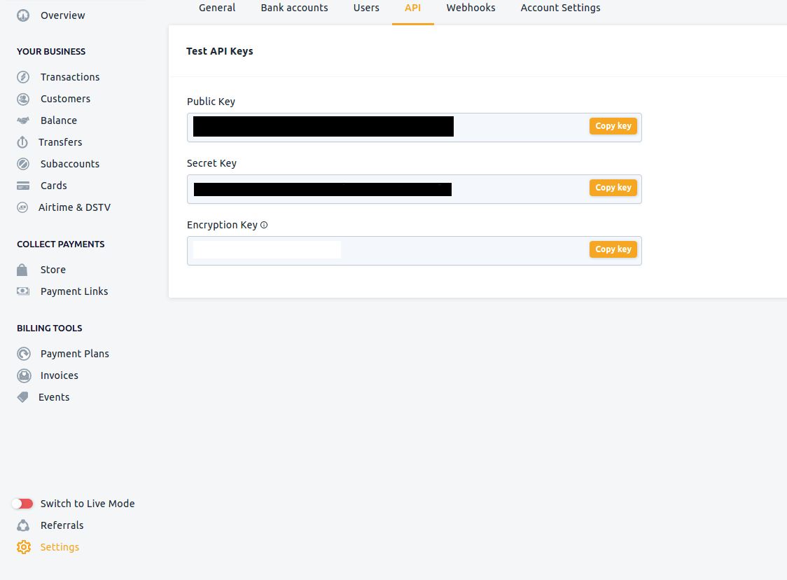 Flutterwave Get Keys