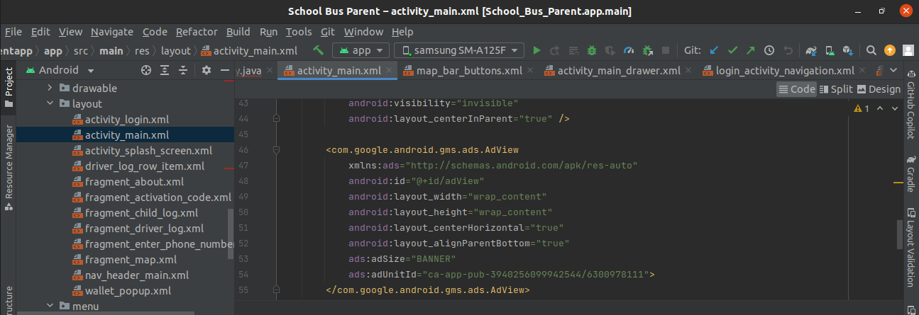 Set app unit id in activity_main.xml